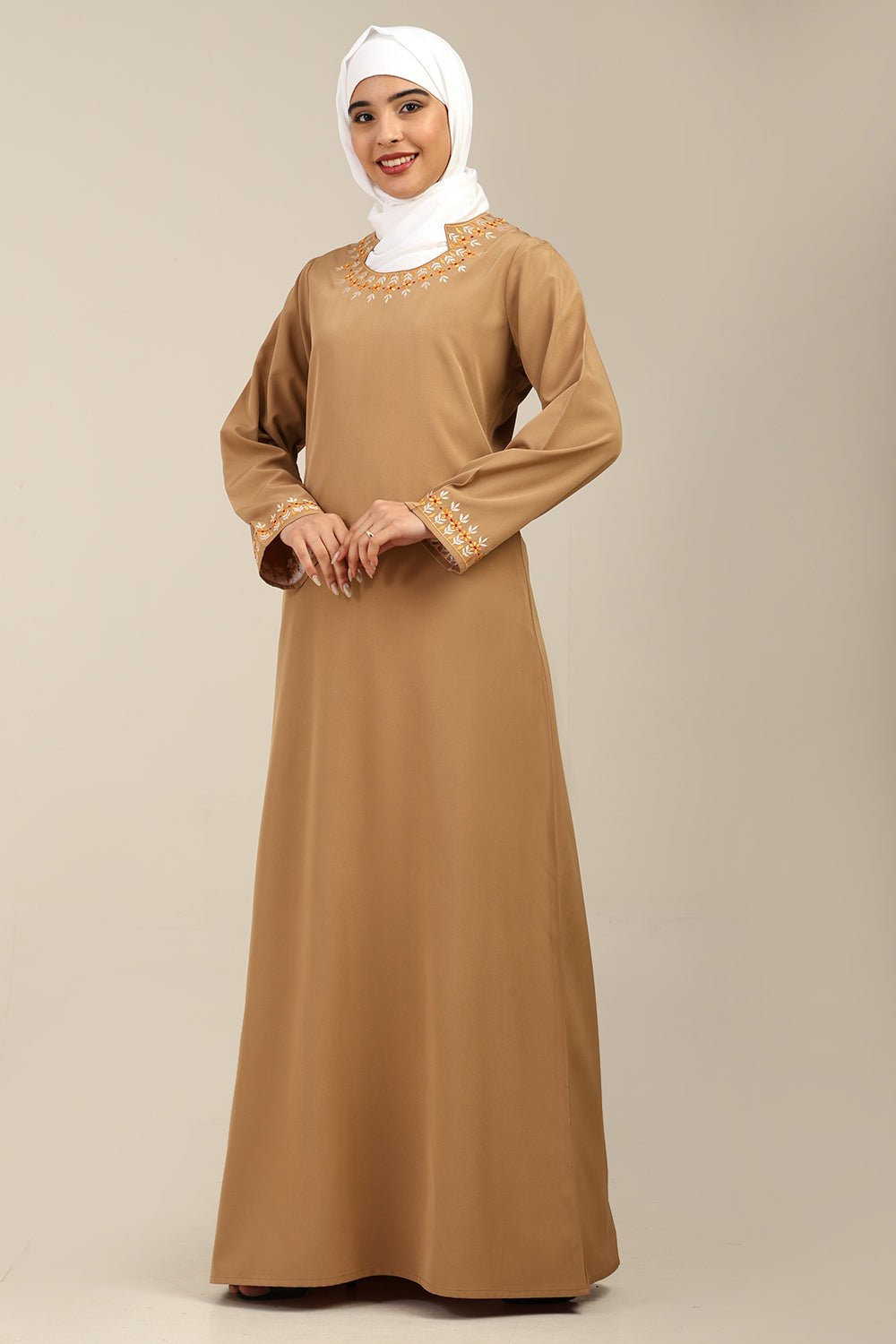 Nida A - Line Abaya with U - Shaped Embroidered Neck - EastEssence.com
