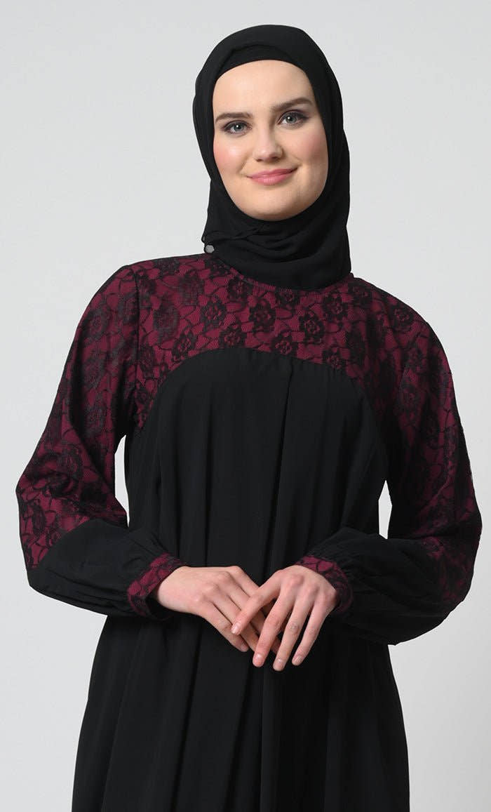 Nida Abaya ??Net Lace Yoke, Pleated Panel, and Attached Lining - EastEssence.com