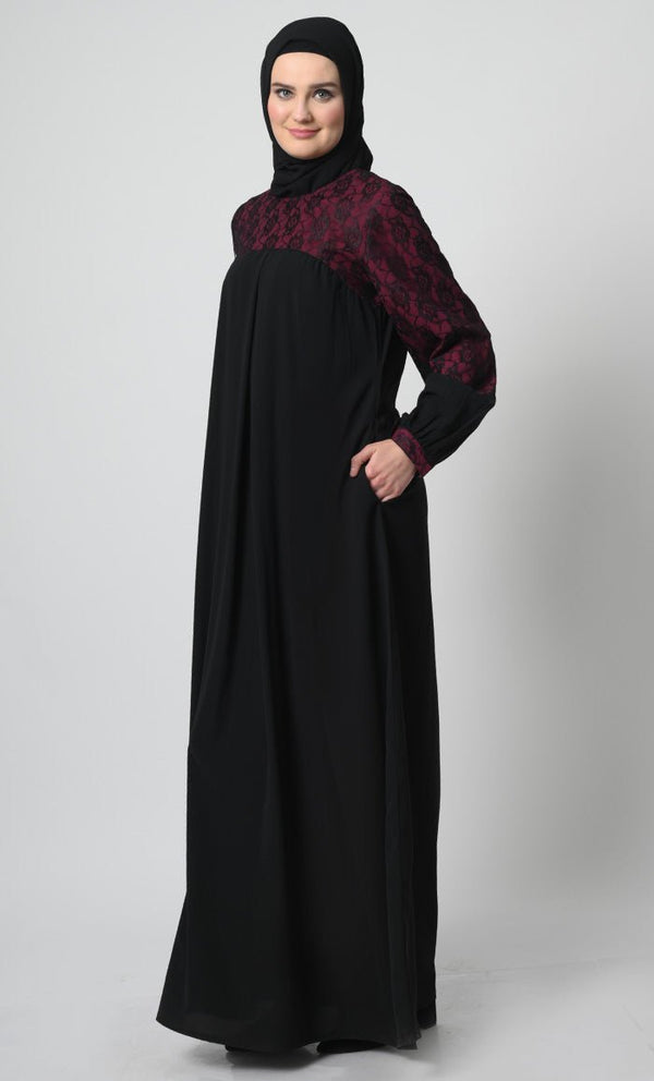 Nida Abaya ??Net Lace Yoke, Pleated Panel, and Attached Lining - EastEssence.com