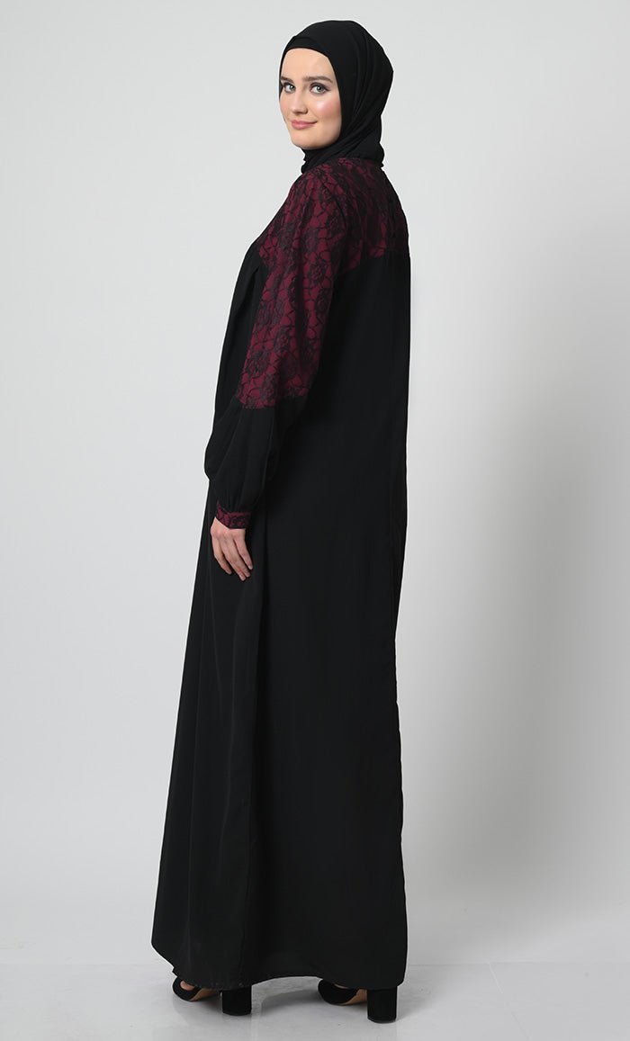 Nida Abaya ??Net Lace Yoke, Pleated Panel, and Attached Lining - EastEssence.com