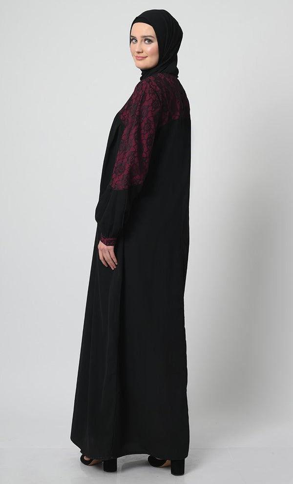 Nida Abaya ??Net Lace Yoke, Pleated Panel, and Attached Lining - EastEssence.com