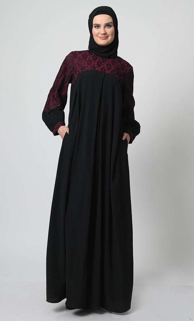 Nida Abaya – Net Lace Yoke, Pleated Panel, and Attached Lining - EastEssence.com