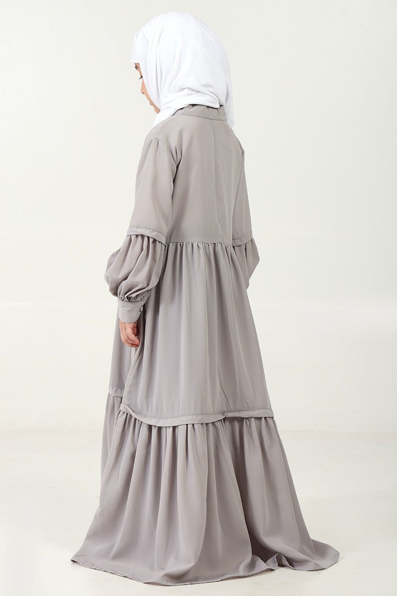 Nida Abaya with Pleated Front & Stand Collar ??Button - Down Style - Grey - EastEssence.com