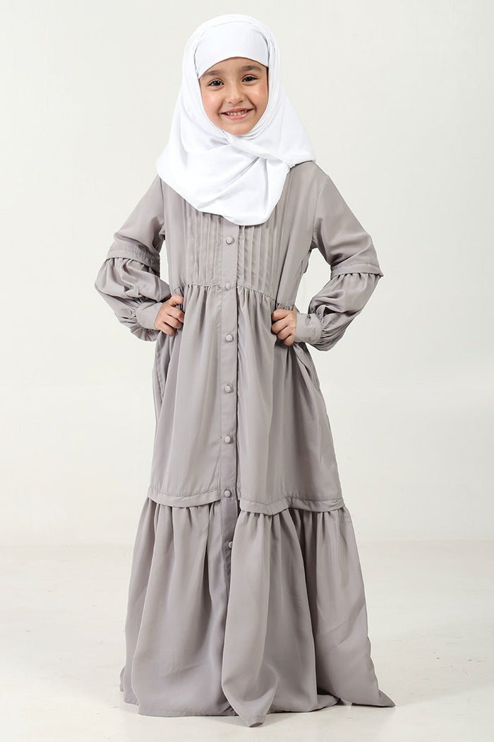 Nida Abaya with Pleated Front & Stand Collar – Button - Down Style - Grey - EastEssence.com