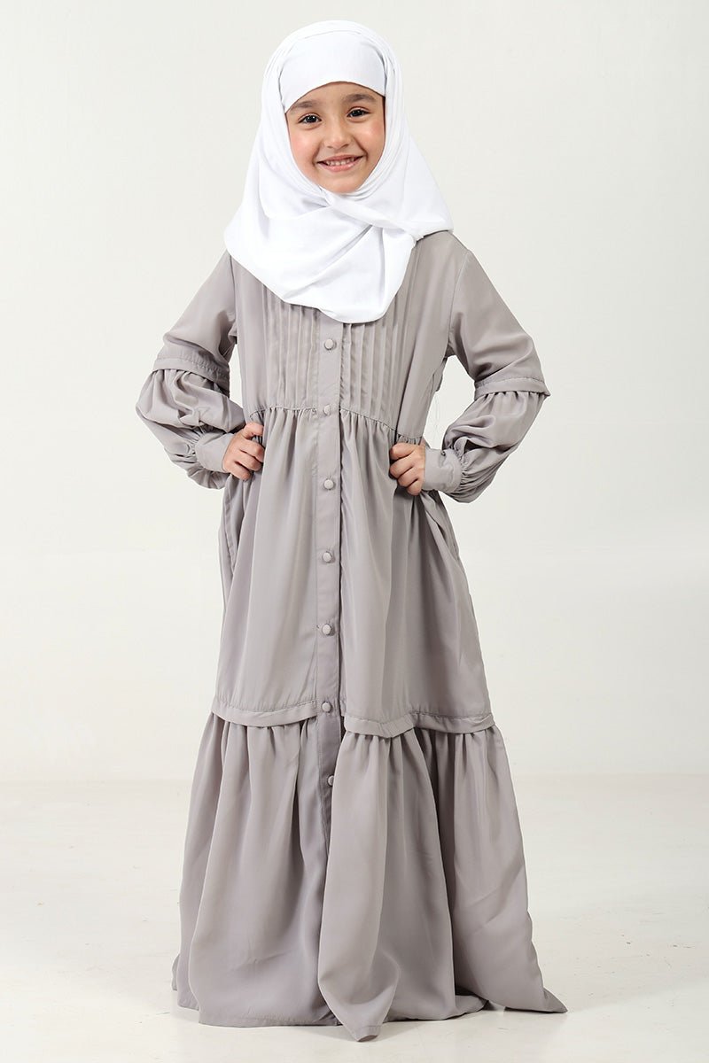 Nida Abaya with Pleated Front & Stand Collar – Button-Down Style-Grey