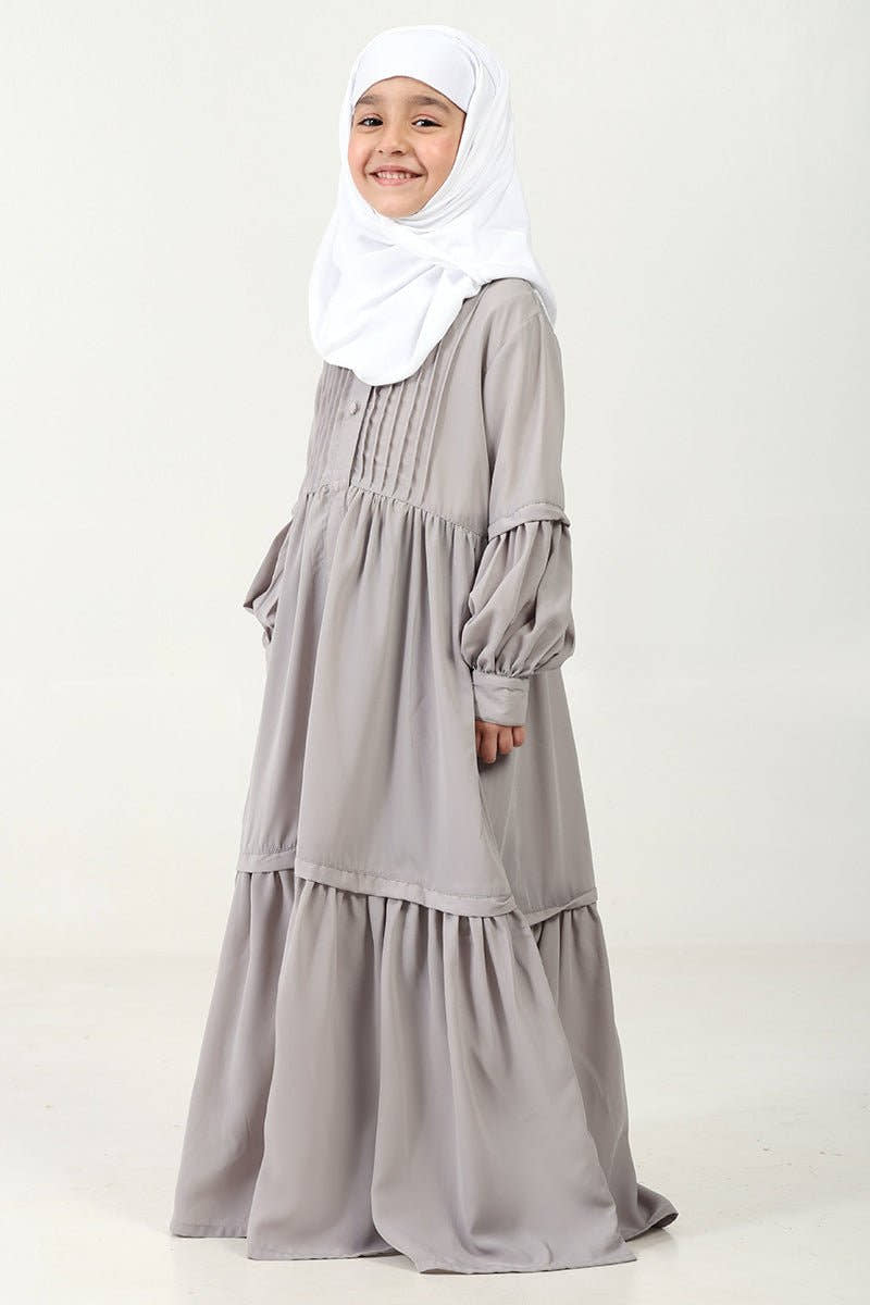 Nida Abaya with Pleated Front & Stand Collar ??Button - Down Style - Grey - EastEssence.com
