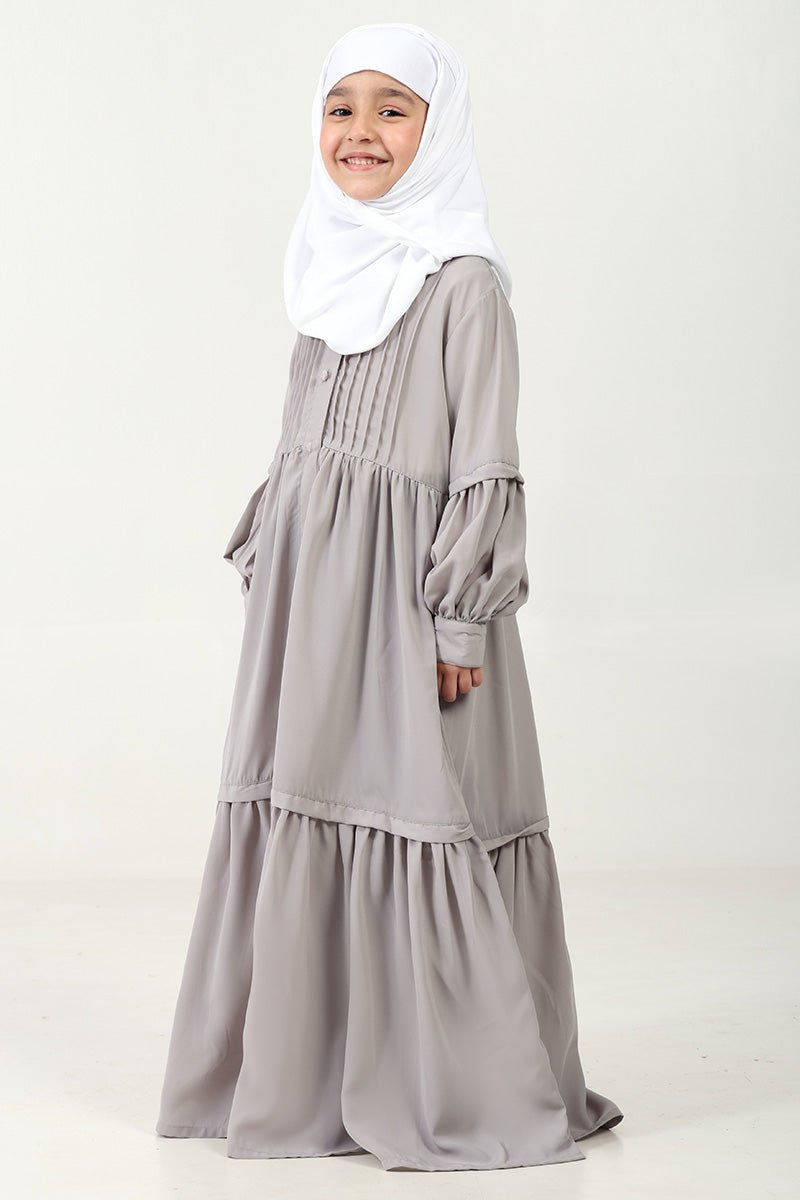 Nida Abaya with Pleated Front & Stand Collar – Button-Down Style-Grey