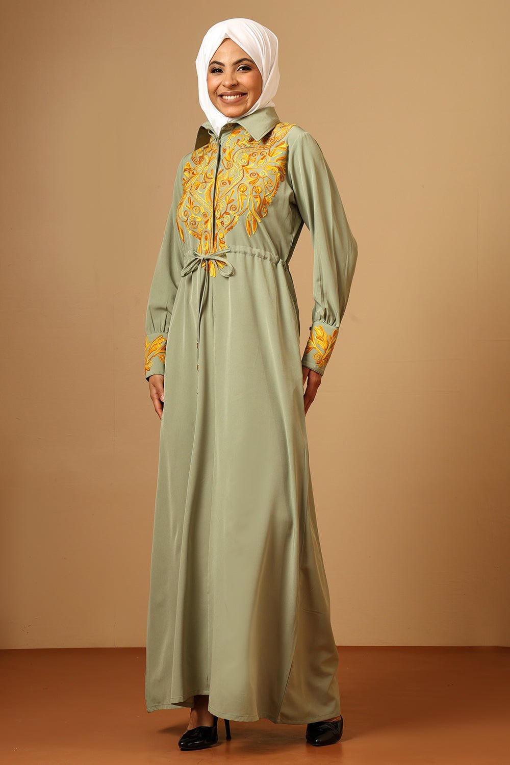 Nida Collared Button - Down Abaya with Wool Thread Embroidery - EastEssence.com