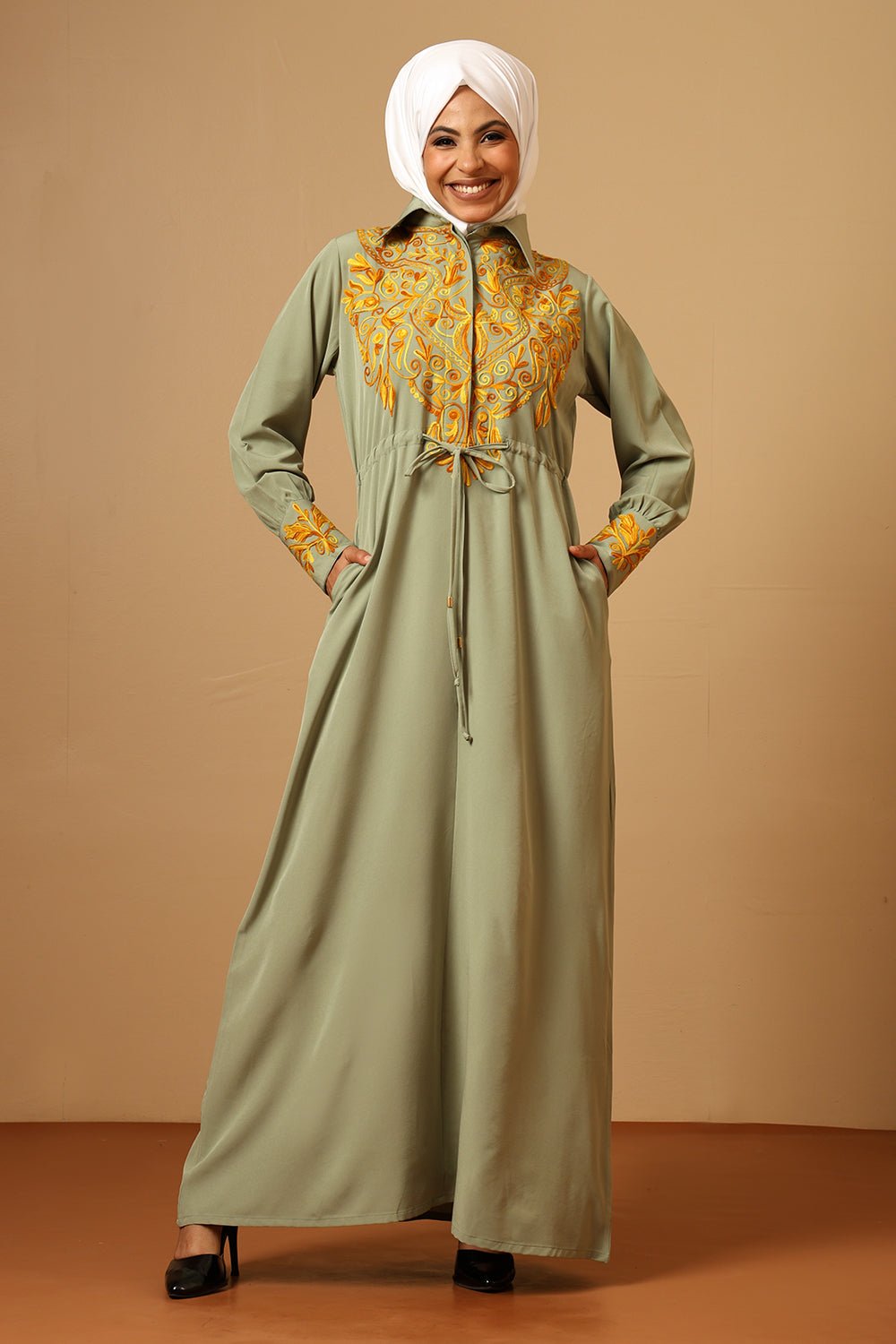 Nida Collared Button - Down Abaya with Wool Thread Embroidery - EastEssence.com