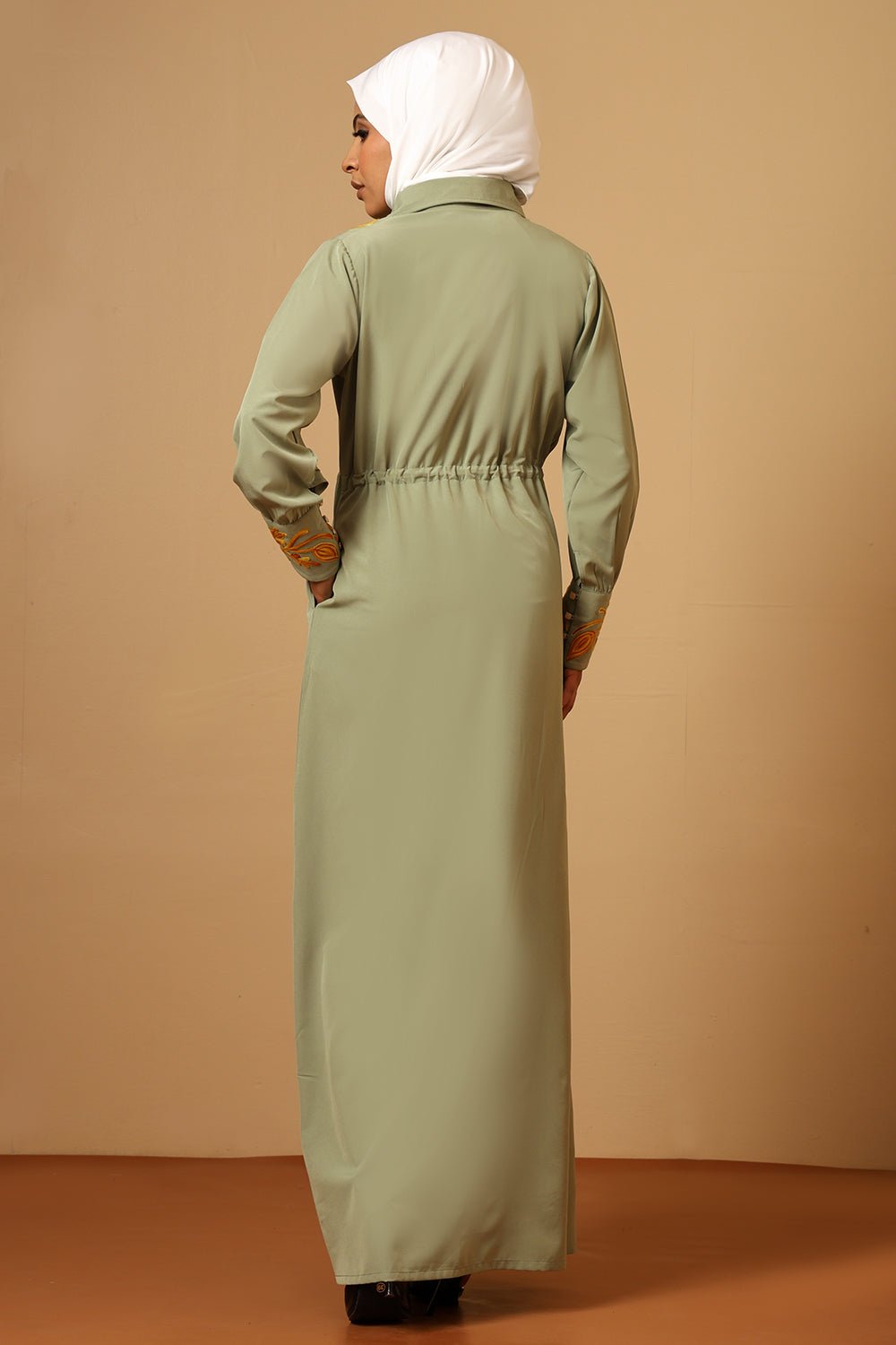 Nida Collared Button - Down Abaya with Wool Thread Embroidery - EastEssence.com