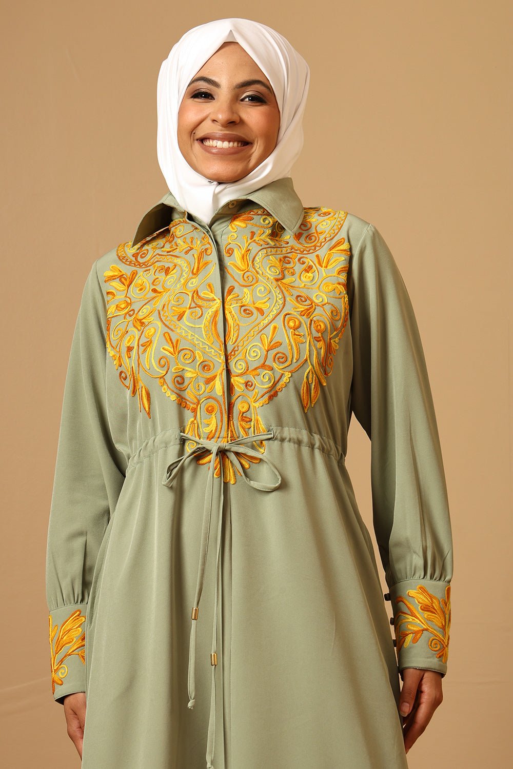 Nida Collared Button - Down Abaya with Wool Thread Embroidery - EastEssence.com