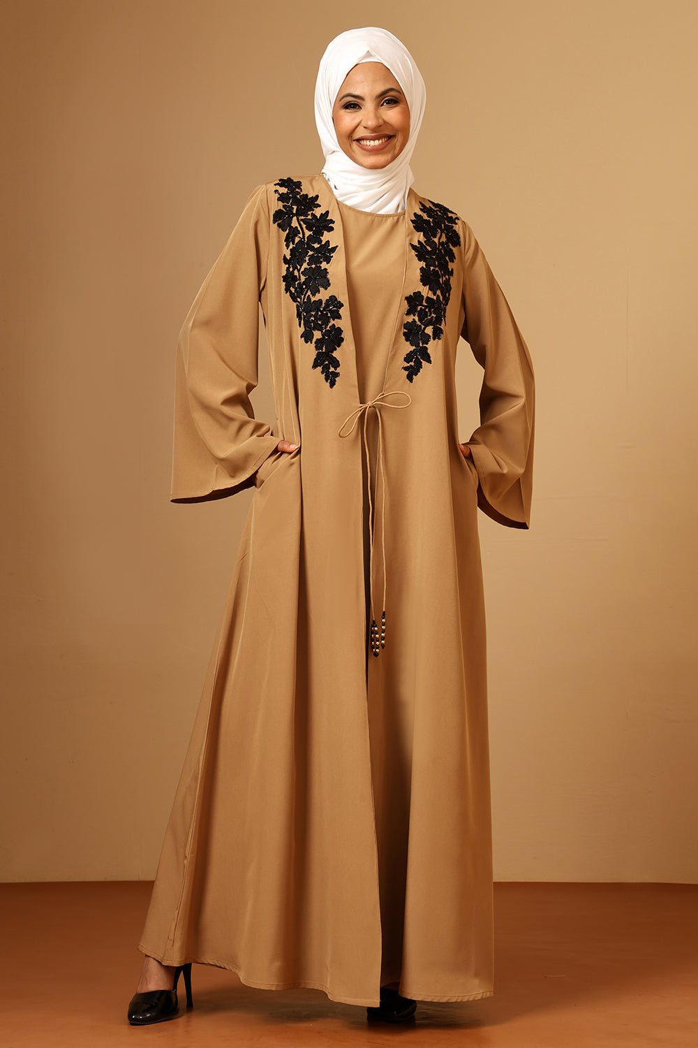 Nida Double Layered Cape Sleeve Abaya with Black Inner & Drawstring Detail - EastEssence.com