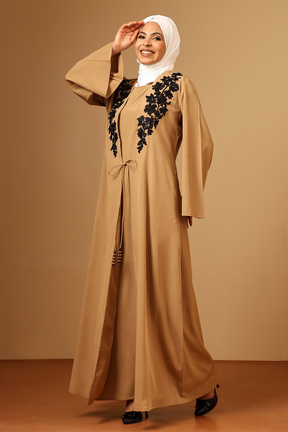 Nida Double Layered Cape Sleeve Abaya with Black Inner & Drawstring Detail - EastEssence.com