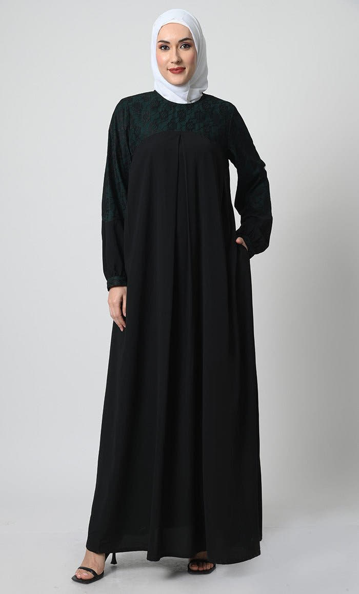 Nida Abaya Bishop Sleeves, Pleated Chest Panel Wi
