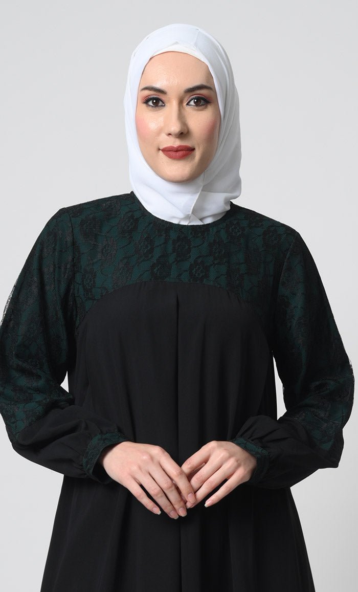 Nida Fabric Abaya ??Bishop Sleeves, Pleated Chest Panel with Net Lace Yoke - EastEssence.com