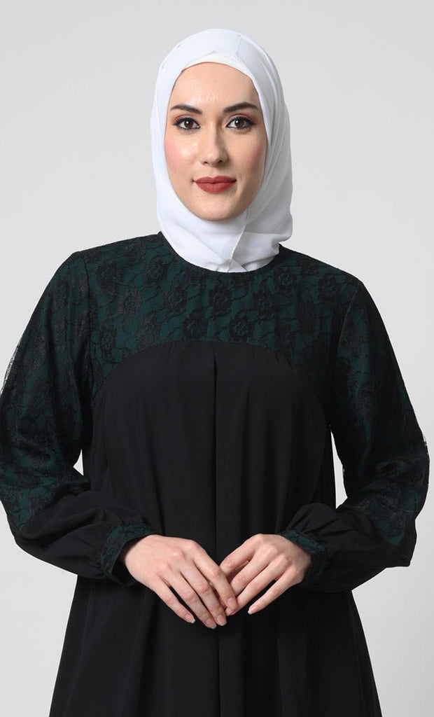 Nida Fabric Abaya – Bishop Sleeves, Pleated Chest Panel with Net Lace Yoke - EastEssence.com