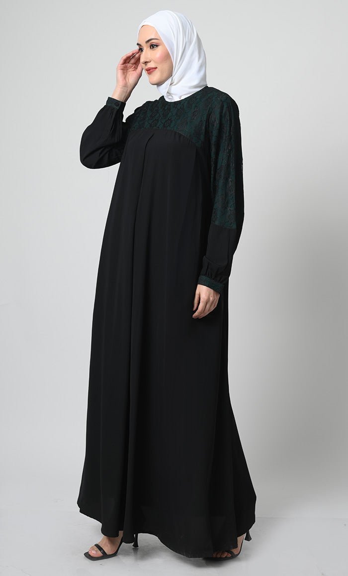 Nida Fabric Abaya ??Bishop Sleeves, Pleated Chest Panel with Net Lace Yoke - EastEssence.com