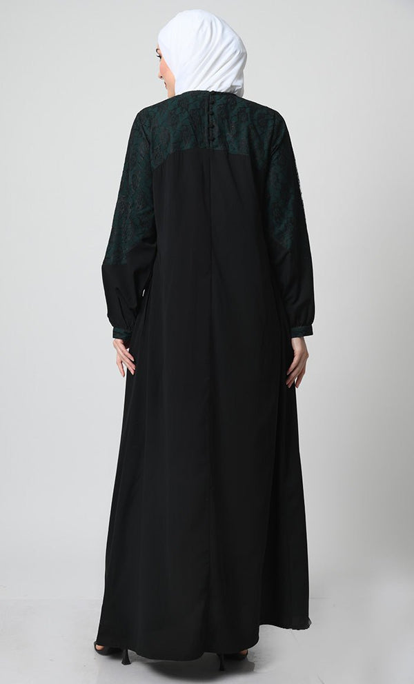 Nida Fabric Abaya ??Bishop Sleeves, Pleated Chest Panel with Net Lace Yoke - EastEssence.com