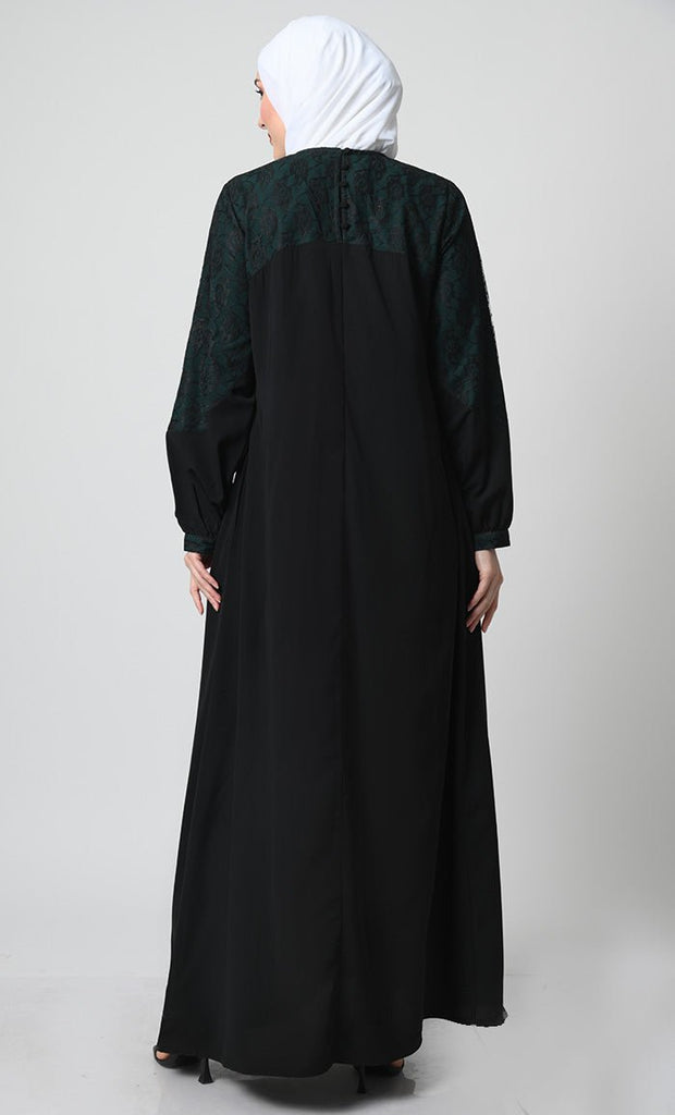 Nida Fabric Abaya – Bishop Sleeves, Pleated Chest Panel with Net Lace Yoke - EastEssence.com