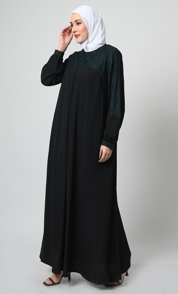 Nida Fabric Abaya ??Bishop Sleeves, Pleated Chest Panel with Net Lace Yoke - Final Sale - EastEssence.com