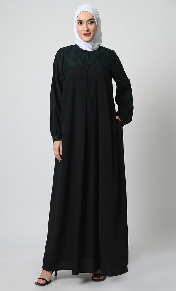 Nida Fabric Abaya ??Bishop Sleeves, Pleated Chest Panel with Net Lace Yoke - Final Sale - EastEssence.com