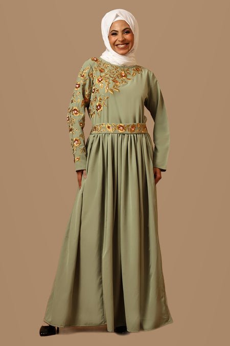 Nida Flared Abaya with Gold Zari, Sequin & Hand Bead Embroidery - EastEssence.com