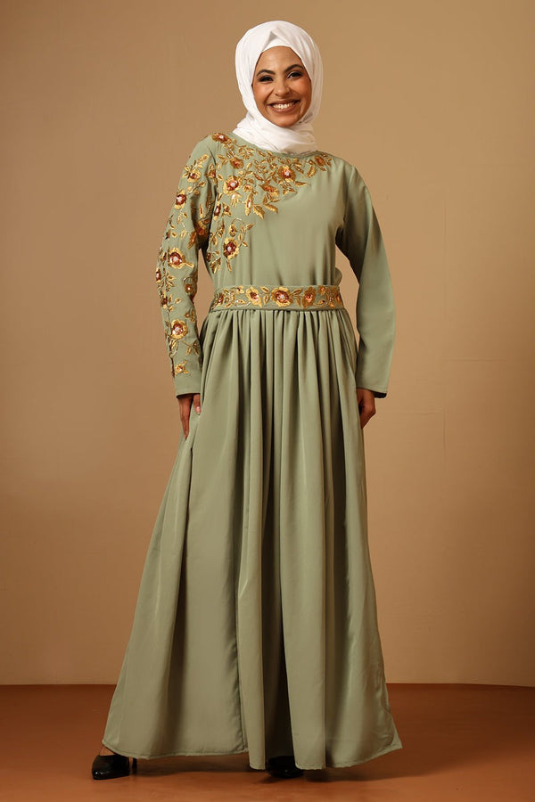 Nida Flared Abaya with Gold Zari, Sequin & Hand Bead Embroidery - EastEssence.com
