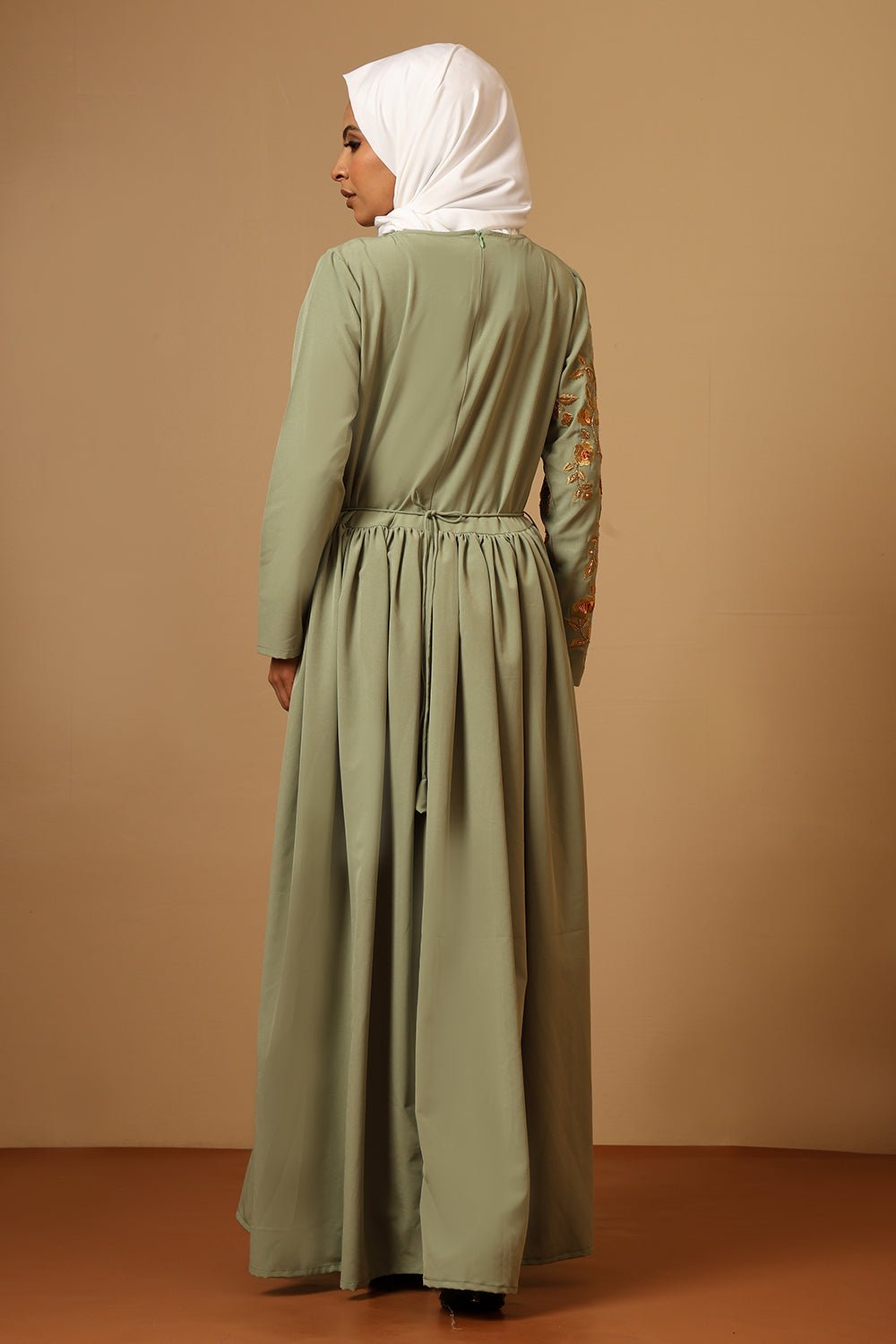 Nida Flared Abaya with Gold Zari, Sequin & Hand Bead Embroidery - EastEssence.com