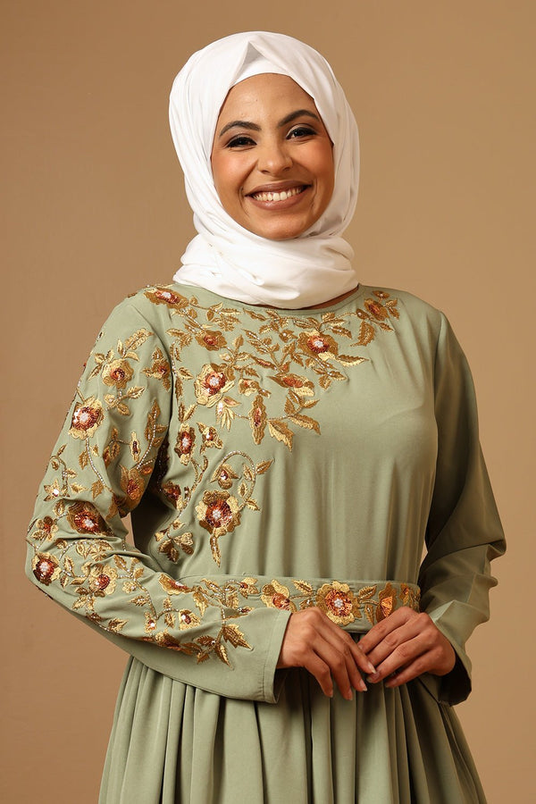 Nida Flared Abaya with Gold Zari, Sequin & Hand Bead Embroidery - EastEssence.com
