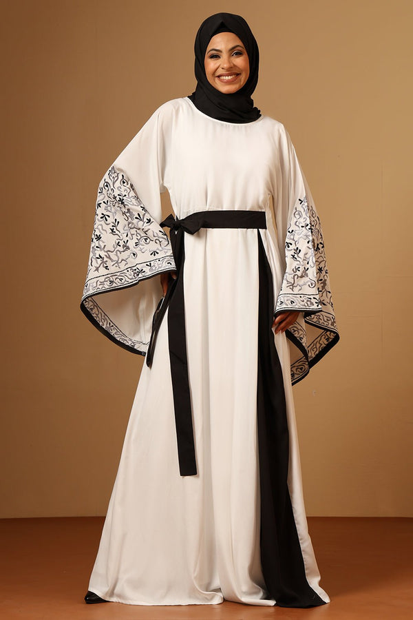 Nida Round Neck Embroidered Bell Sleeve Abaya with Adjustable Belt - EastEssence.com