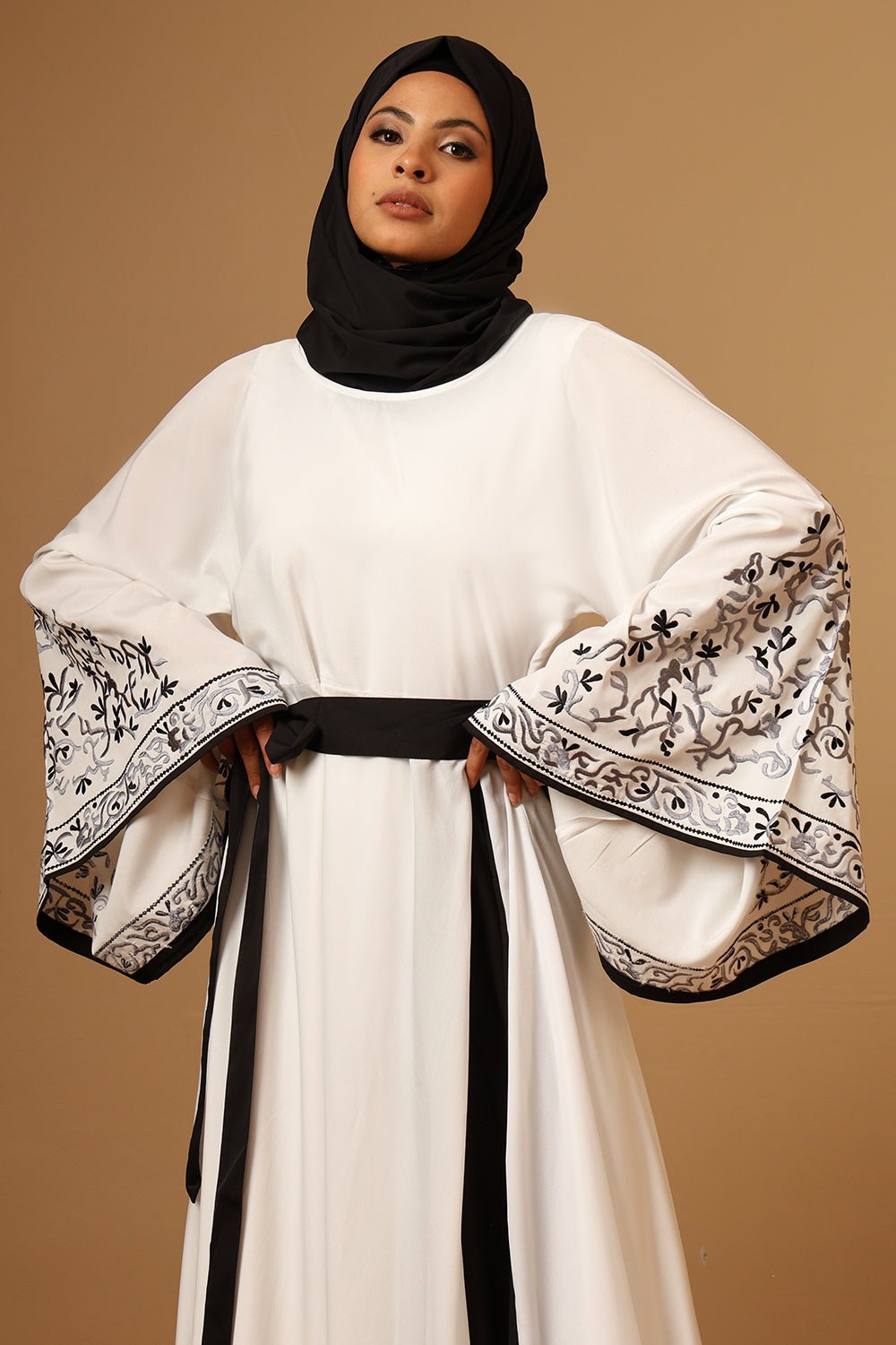 Nida Round Neck Embroidered Bell Sleeve Abaya with Adjustable Belt - EastEssence.com