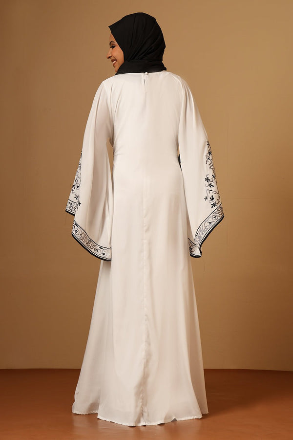 Nida Round Neck Embroidered Bell Sleeve Abaya with Adjustable Belt - EastEssence.com