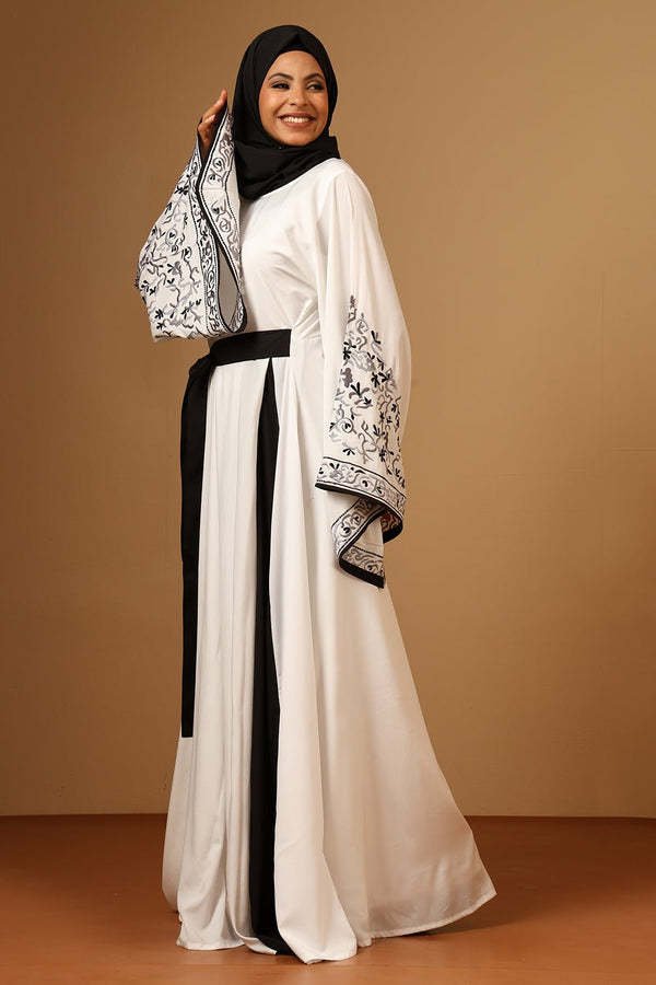 Nida Round Neck Embroidered Bell Sleeve Abaya with Adjustable Belt - EastEssence.com
