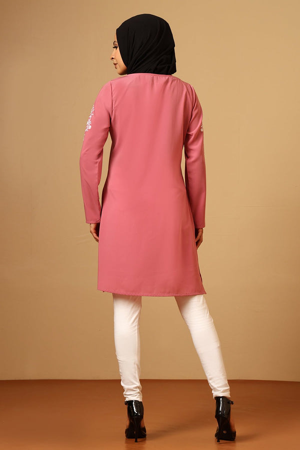 Nida Round Neck Embroidered Tunic with Tassel Tie - Up - EastEssence.com