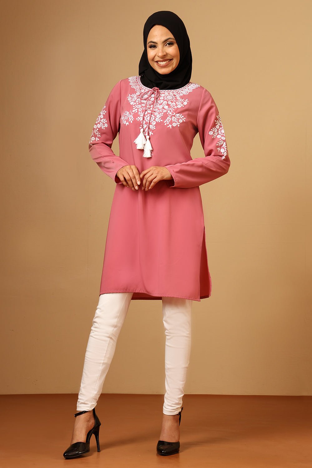 Nida Round Neck Embroidered Tunic with Tassel Tie - Up - EastEssence.com