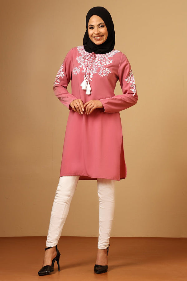 Nida Round Neck Embroidered Tunic with Tassel Tie - Up - EastEssence.com