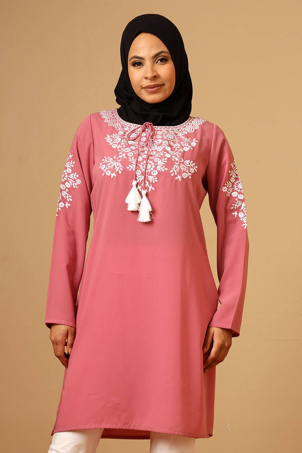 Nida Round Neck Embroidered Tunic with Tassel Tie - Up - EastEssence.com