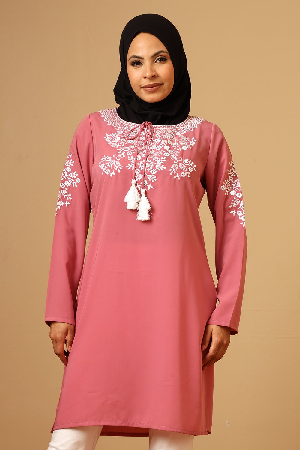 Nida Round Neck Embroidered Tunic with Tassel Tie - Up - EastEssence.com