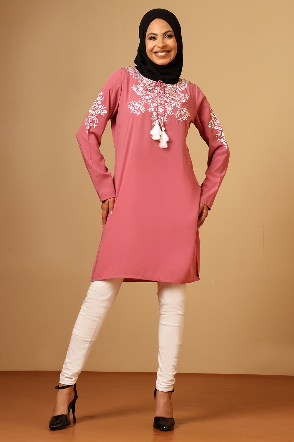 Nida Round Neck Embroidered Tunic with Tassel Tie - Up - EastEssence.com