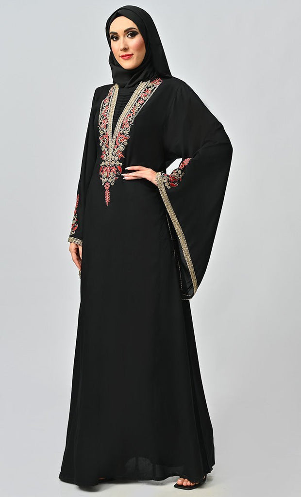 Noor Islamic Golden Red Embroidered Abaya - EastEssence.com