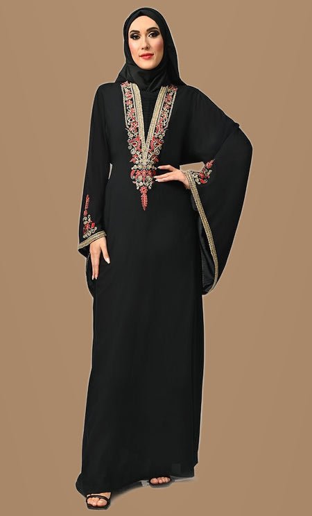 Noor Islamic Golden Red Embroidered Abaya - EastEssence.com