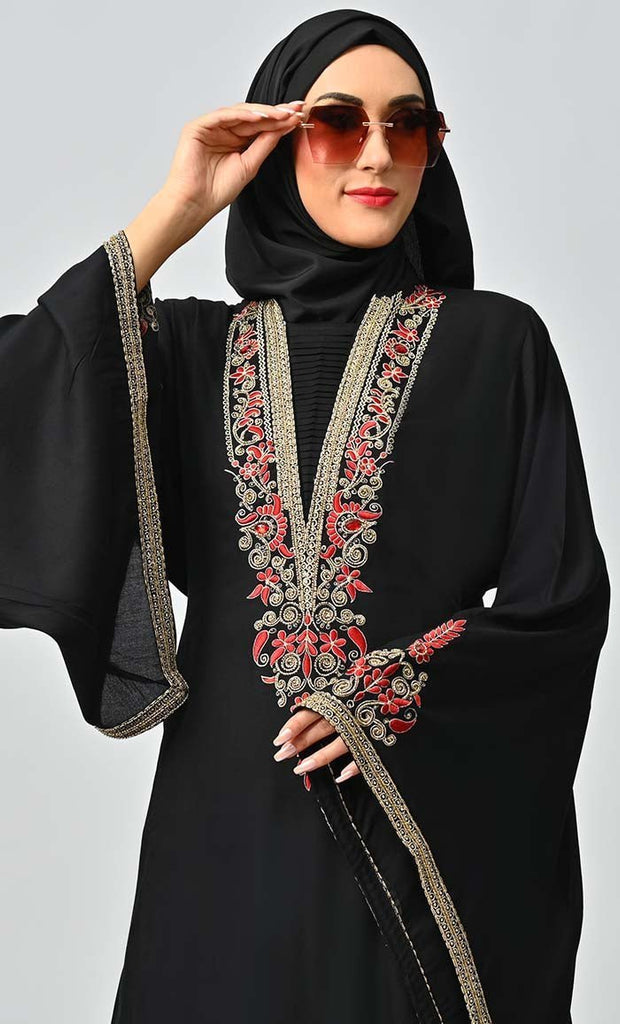 Noor Islamic Golden Red Embroidered Abaya - EastEssence.com