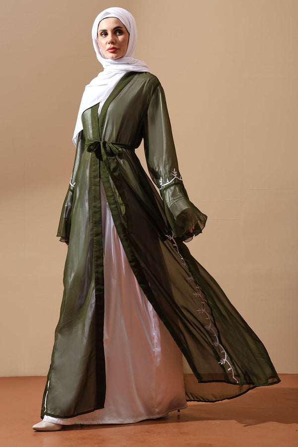 Olive Garden Sheer Embroidered Abaya - EastEssence.com