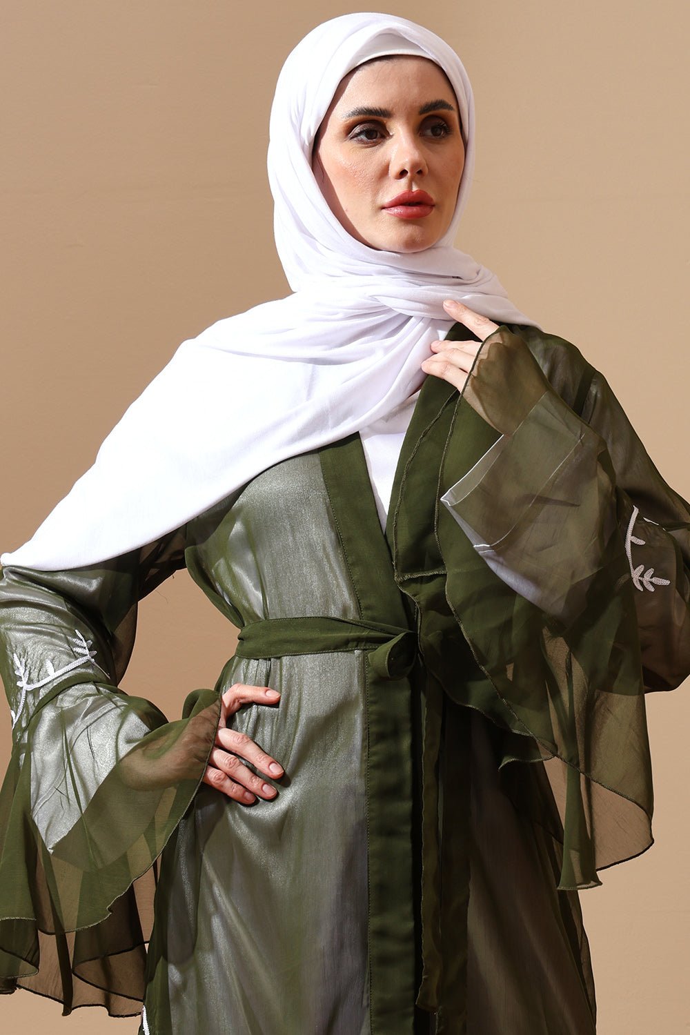 olive green abaya dress Ameera Lace 3pc Abaya Set - Olive Green