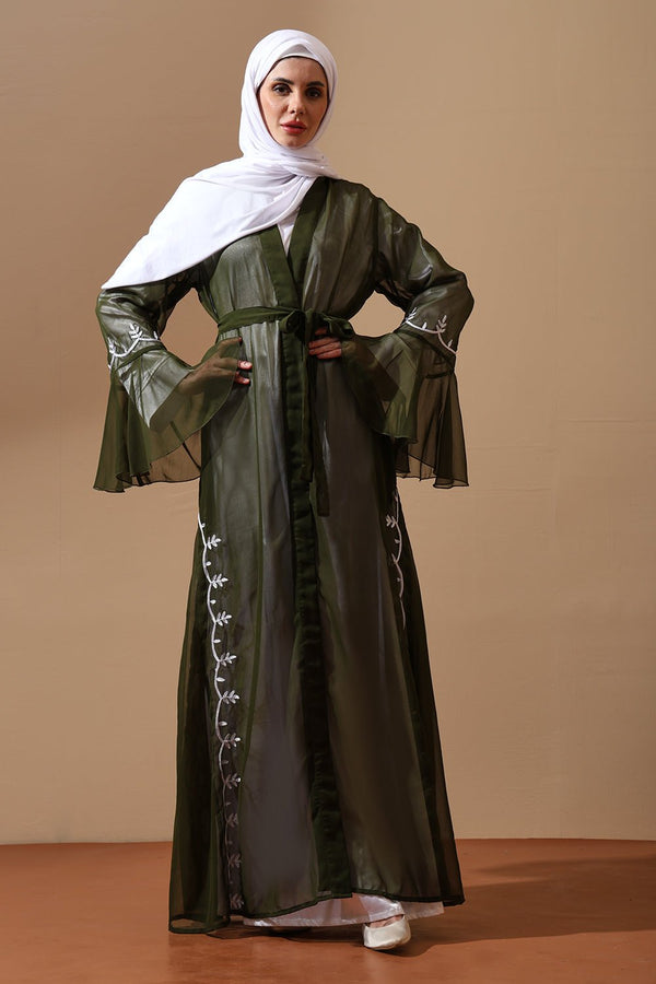 Olive Garden Sheer Embroidered Abaya - EastEssence.com