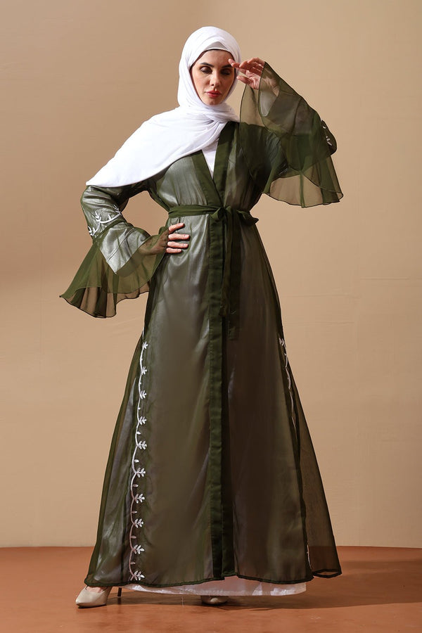 Olive Garden Sheer Embroidered Abaya - EastEssence.com