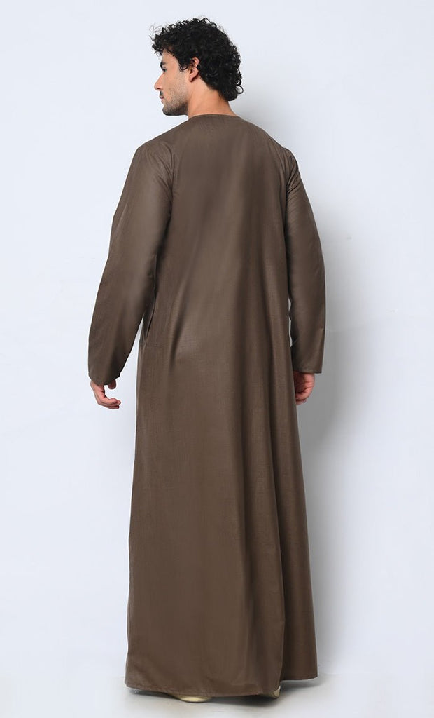 Ornate Reverence: Islamic Embroidered Men's Brown Thobe with Pockets - EastEssence.com