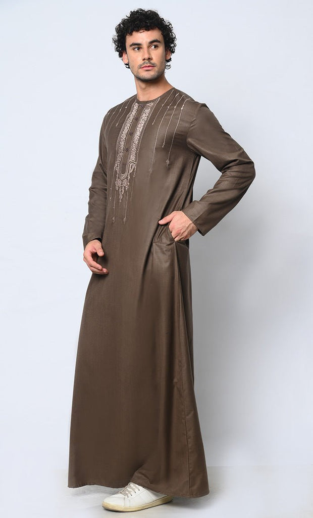 Ornate Reverence: Islamic Embroidered Men's Brown Thobe with Pockets - EastEssence.com