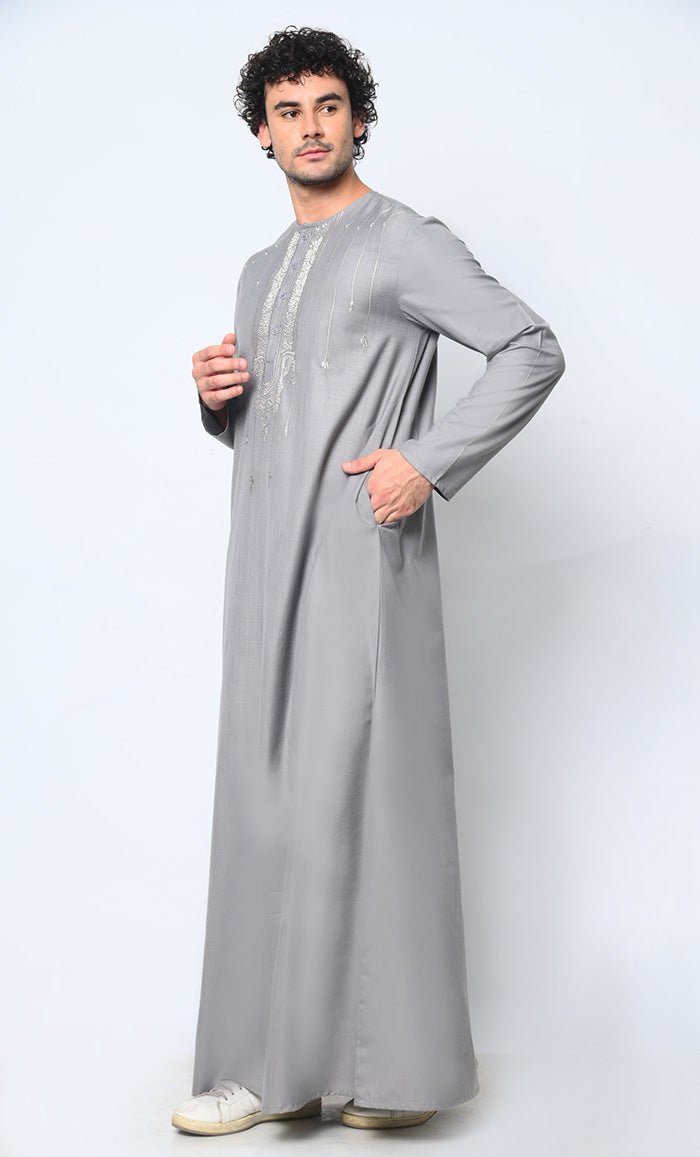 Ornate Reverence: Islamic Embroidered Men's Grey Thobe with Pockets - EastEssence.com