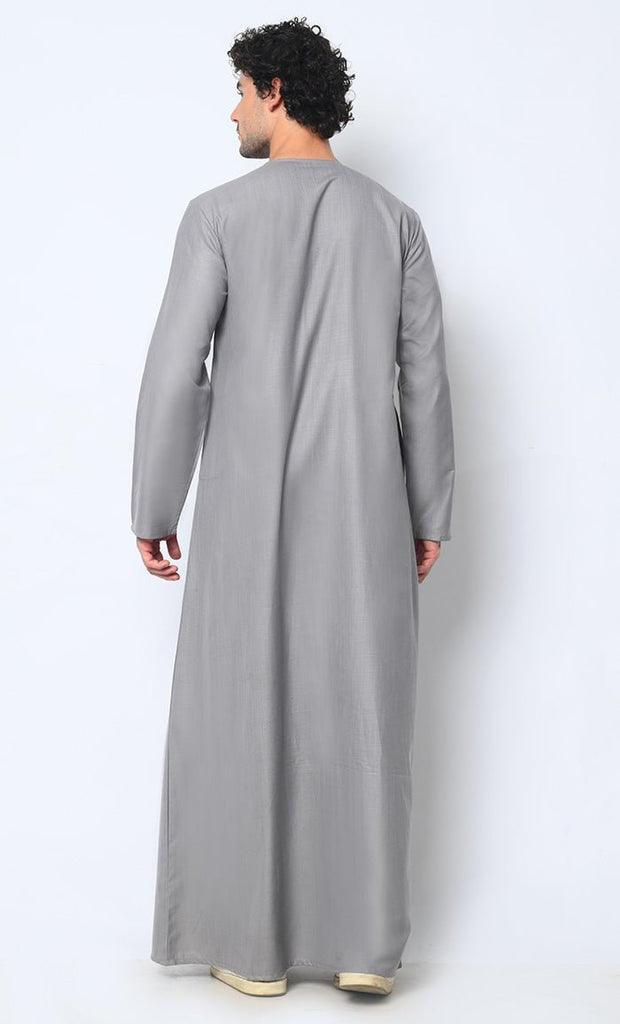 Ornate Reverence: Islamic Embroidered Men's Grey Thobe with Pockets - EastEssence.com